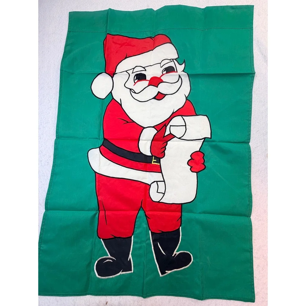 Vintage Santa Claus Christmas Garden Flag Green Applique Double Sided 28x40
